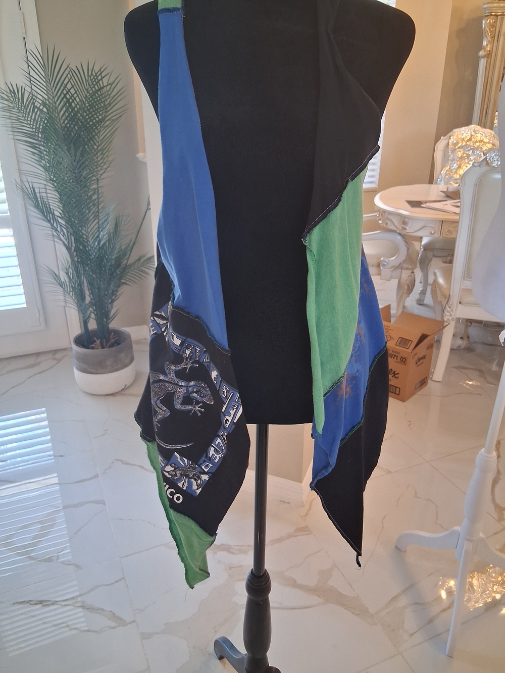 Asymmetric Patchwork Vest in Black, Blue & Green